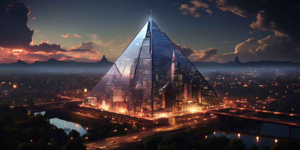 Giant glass pyramid over a city skyline